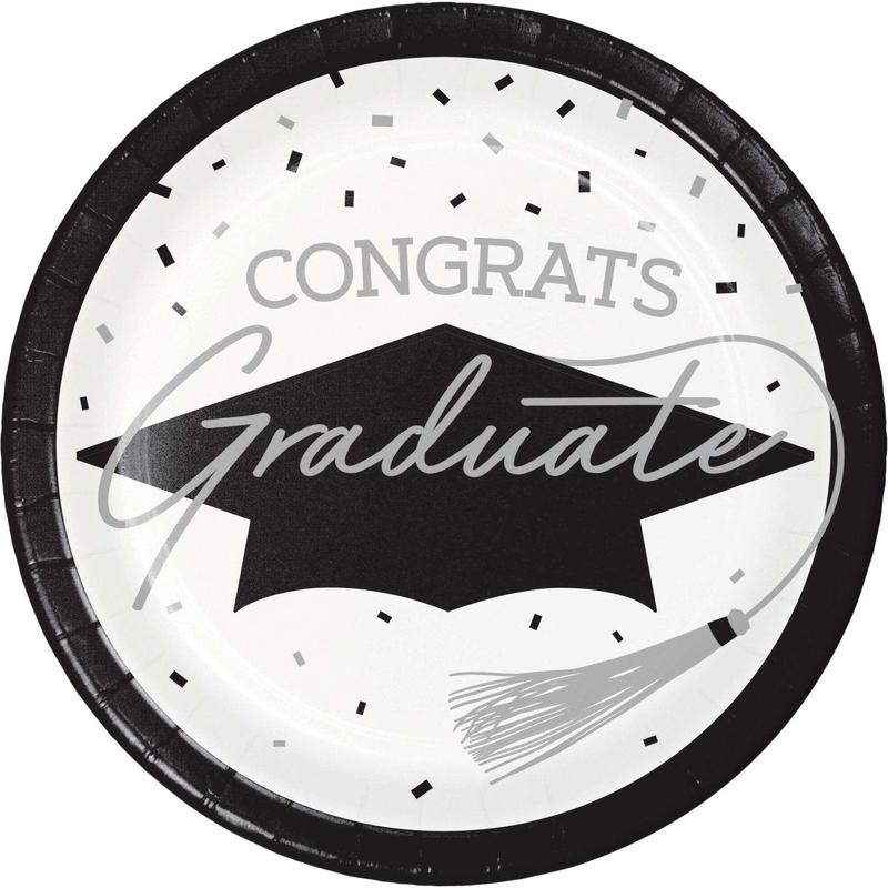 White Grad Small Round Dessert Paper Plates, 7 Inches, 18 Count