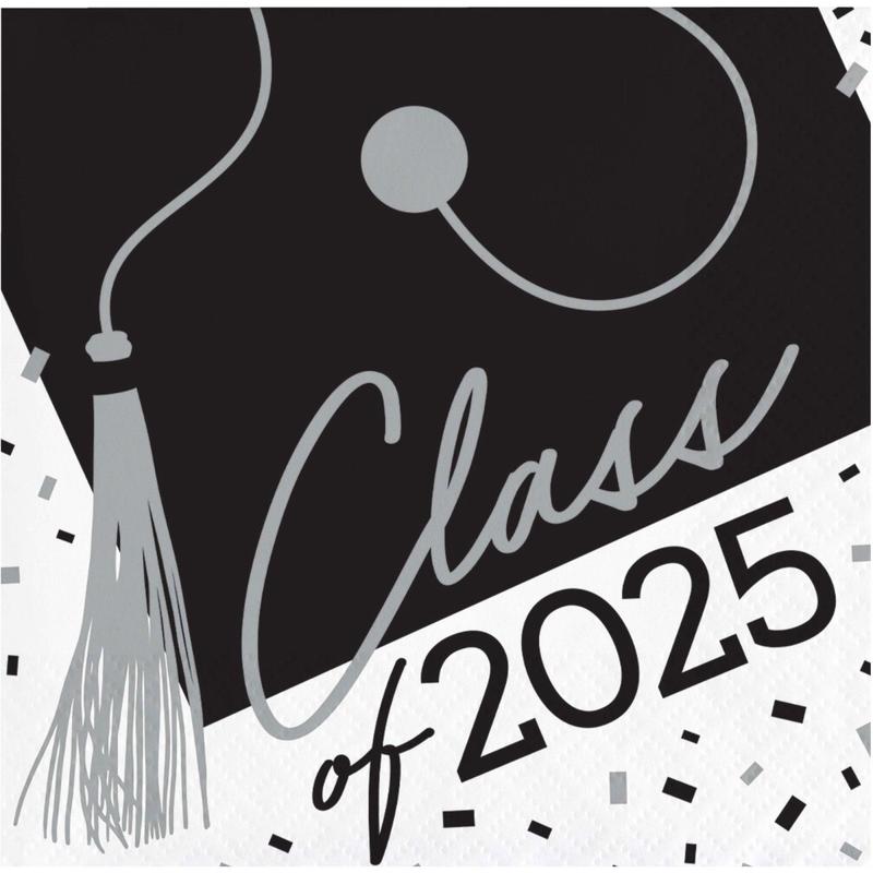 White Grad "Class of 2025" Small Beverage Napkins, 36 Count