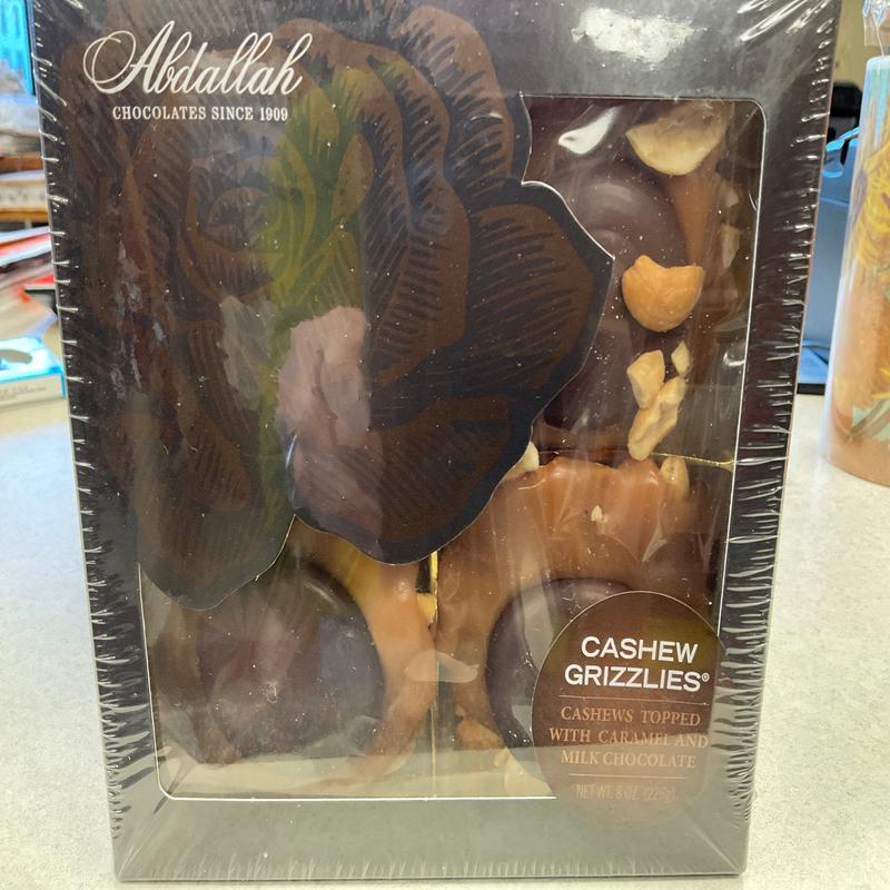 8 OZ CASHEW GRIZZLY (cashews, caramel, milk choc) by Abdallah Chocolates