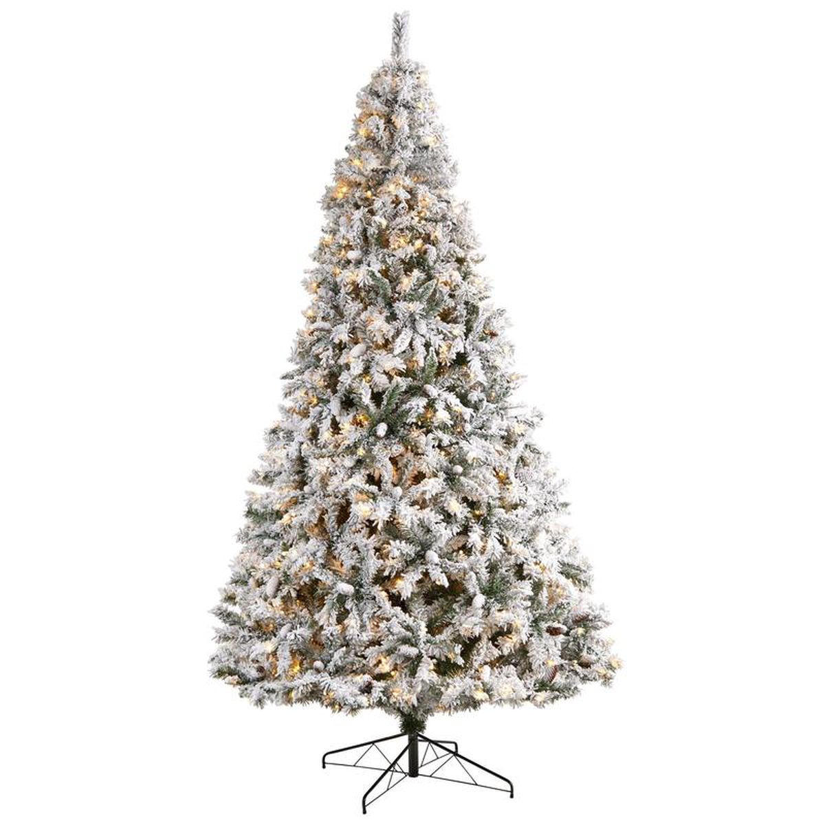 108217 Flocked White River Mountain Pine Christmas Tree with Pinecones and 800 Clear LED Lights