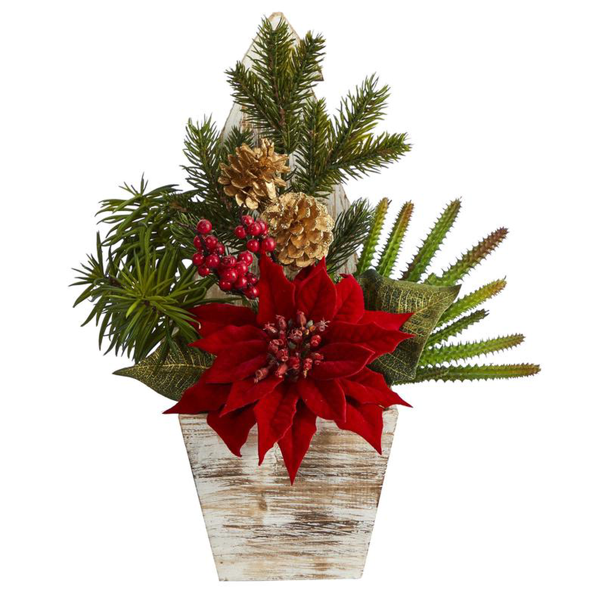 15 Poinsettia Cactus and Succulent Artificial Arrangement in Christmas Tree Planter