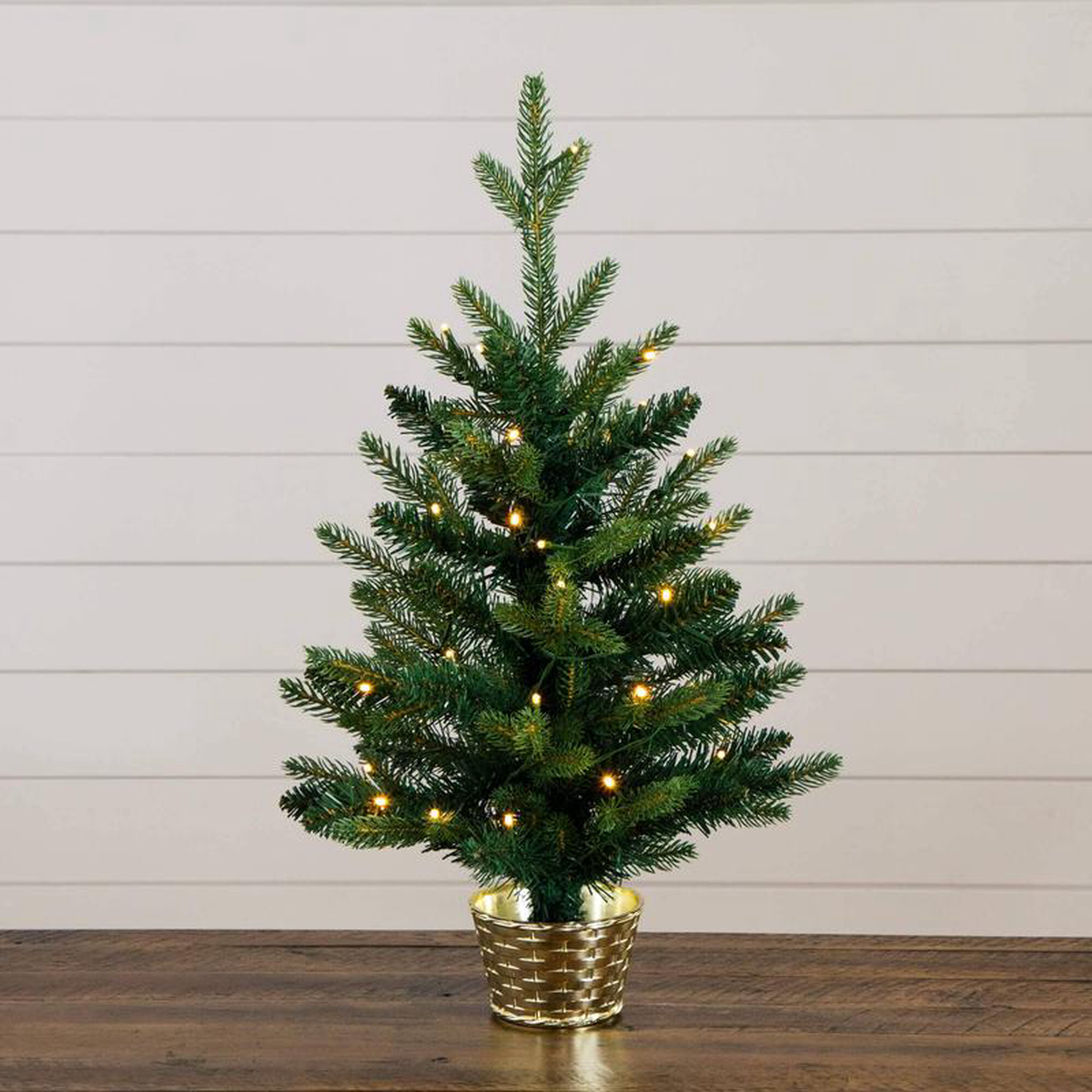 2 Pre-Lit Artificial Classic Christmas Tree with 35 Warm White LED Lights in Gold Decorative Planter