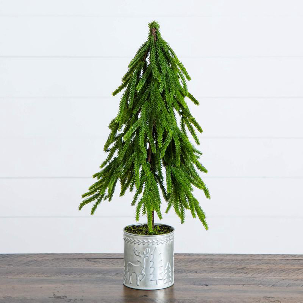 208221 Artificial Real Touch Down Swept Norfolk Island Pine in Christmas Tin Metal Planter with Natural Look