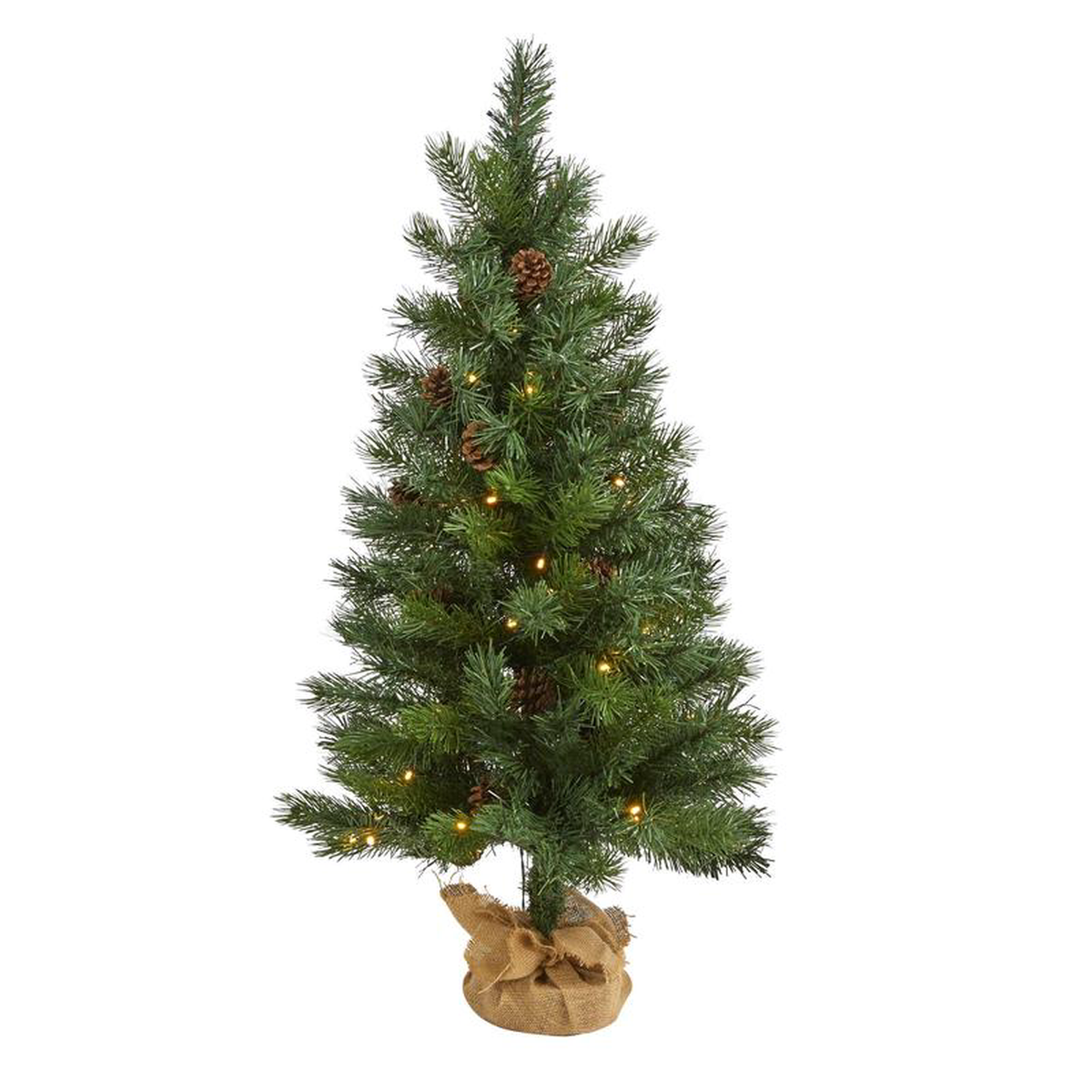 3 Fraser Fir Natural Look Artificial Christmas Tree with 50 Clear LED Lights Pinecones a Burlap Base and 90 Bendable Branches