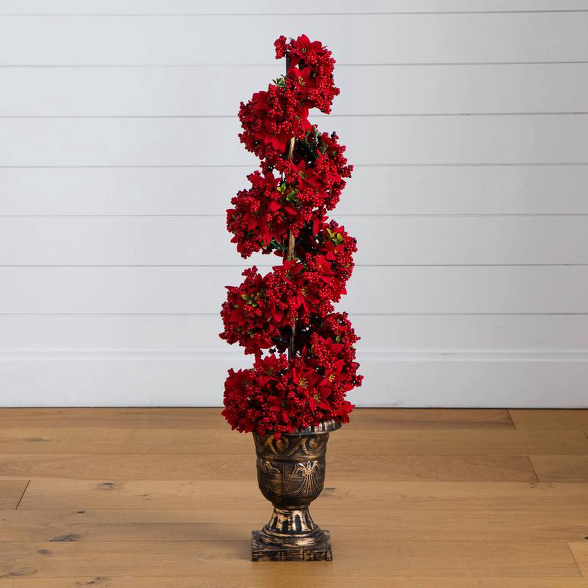 3 Pre-Lit Artificial Christmas Poinsettias and Berries Spiral Topiary Tree with 30 Warm White LED Lights