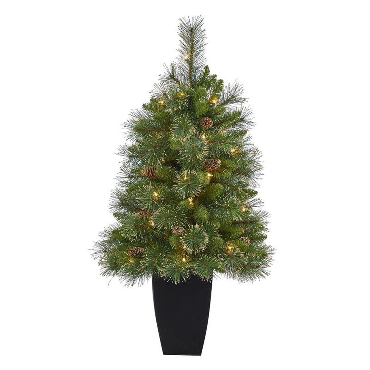 35 Golden Tip Washington Pine Artificial Christmas Tree with 50 Clear Lights Pine Cones and 148 Bendable Branches in Black Metal Planter