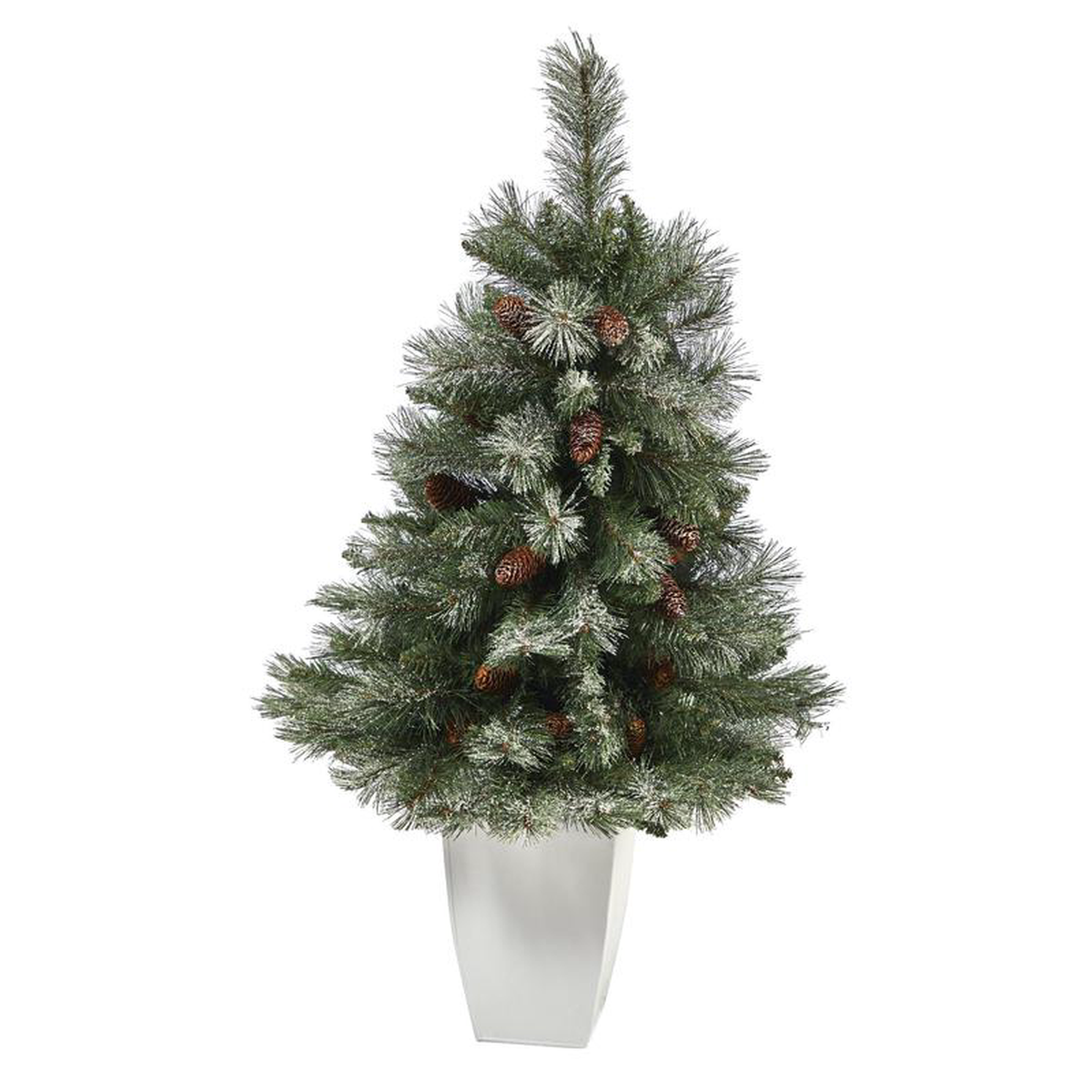 35 Snowed French Alps Mountain Pine Artificial Christmas Tree with 135 Bendable Branches and Pine Cones in White Metal Planter