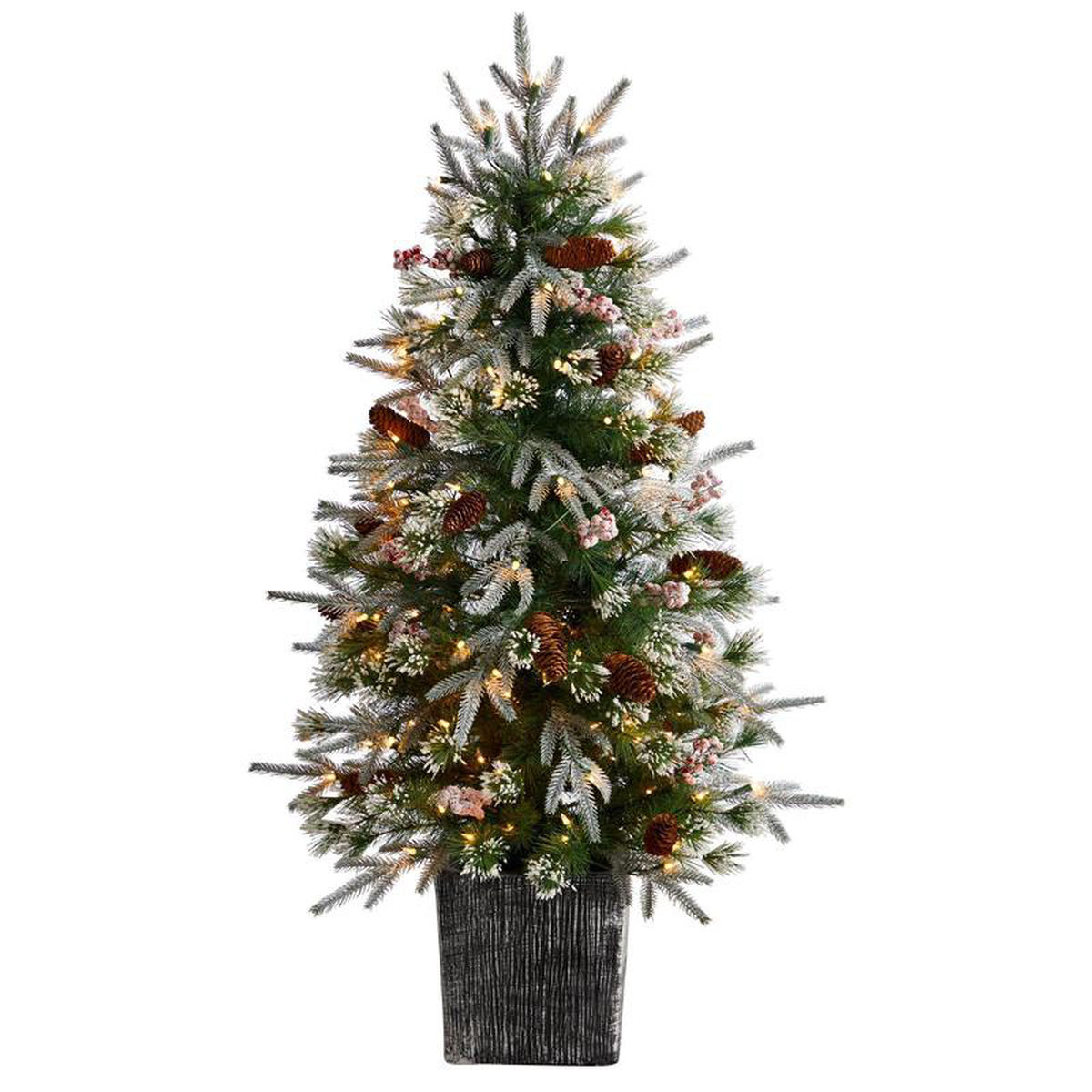 48217 Frosted Artificial Christmas Tree Pre-Lit with 105 lights in Decorative Planter