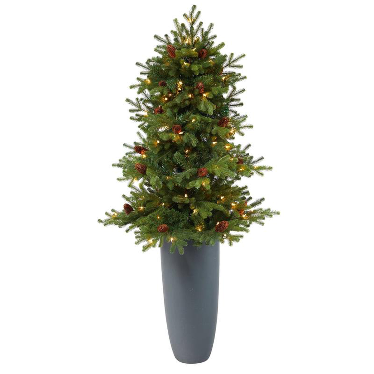 5 Yukon Mountain Fir Artificial Christmas Tree with 100 Clear Lights Pine Cones and 386 Bendable Branches in Gray Planter