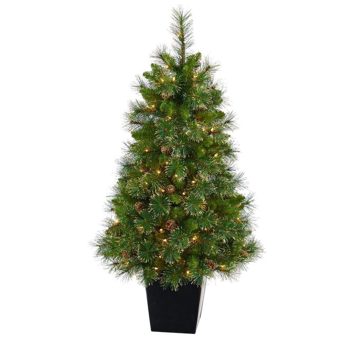 50 Golden Tip Washington Pine Artificial Christmas Tree with 100 Clear Lights Pine Cones and 336 Bendable Branches in Black Metal Planter