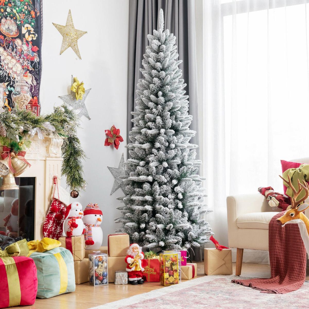 - 6.5  Snow-Flocked Hinged Artificial Christmas Pencil Tree with Mixed Tips-6.5 ft