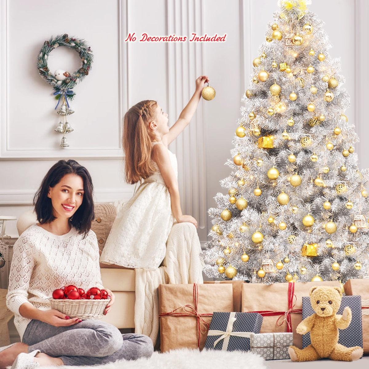 6  6 Feet Hinged Unlit Artificial Silver Tinsel Christmas Tree with Metal Stand