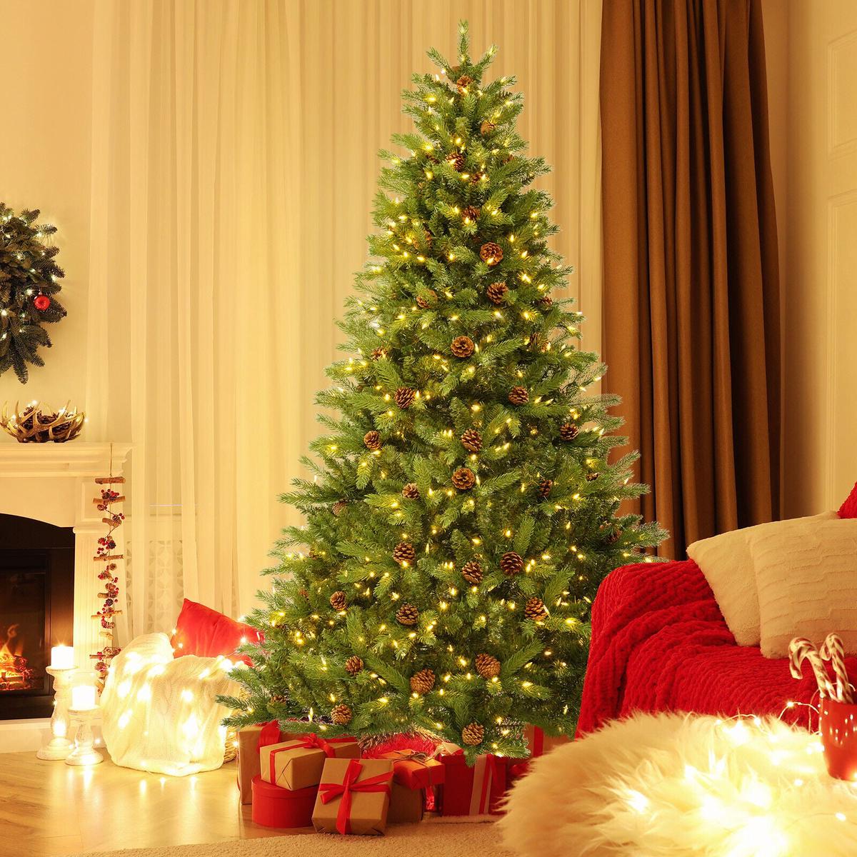 6/7  - 7  6/7 FT Artificial Christmas Tree with Pine Cones and Adjustable Brightness-7 ft