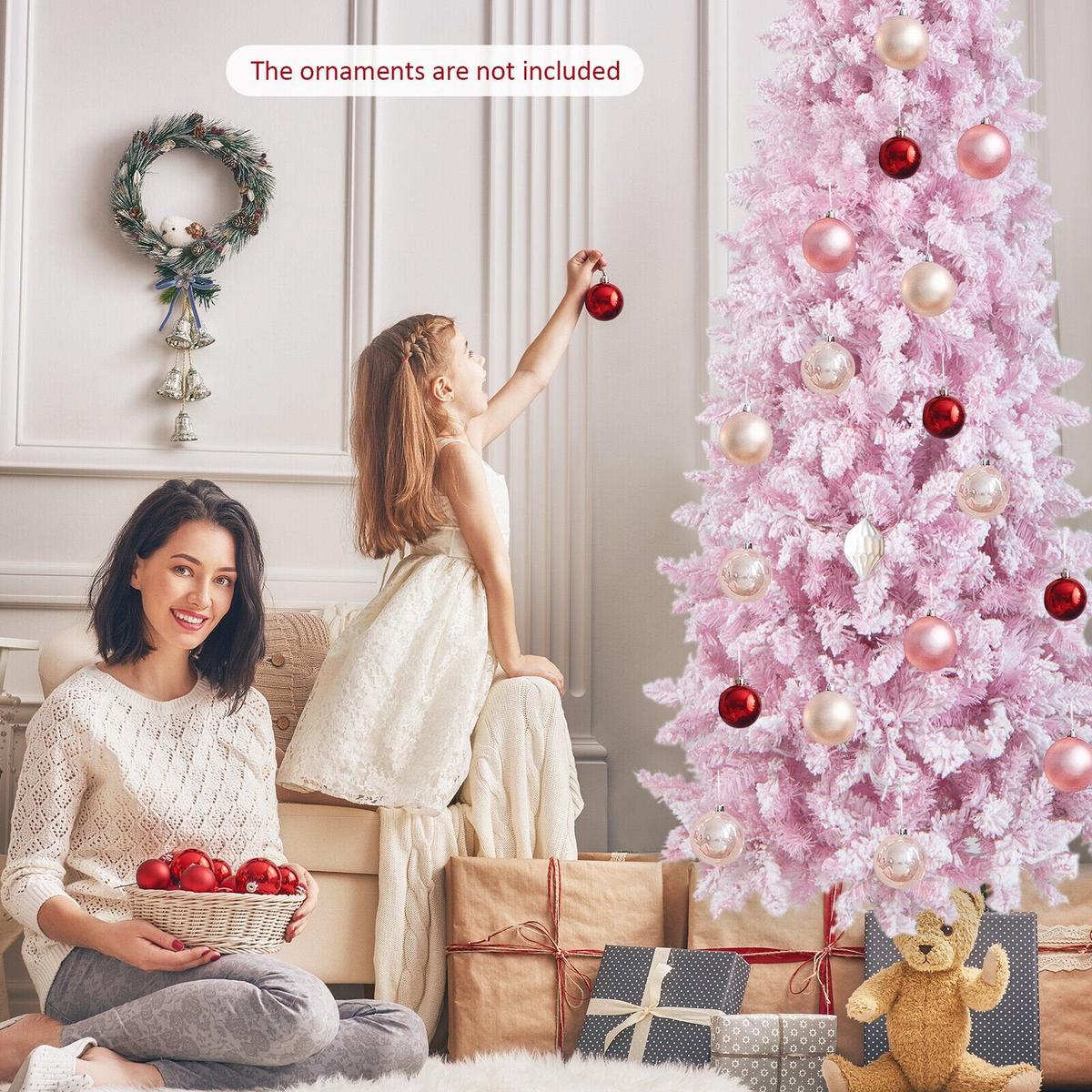 7  300  8  7 Feet Pre-Lit Snow Flocked Hinged Pencil Christmas Tree with 300 Lights and 8 Modes