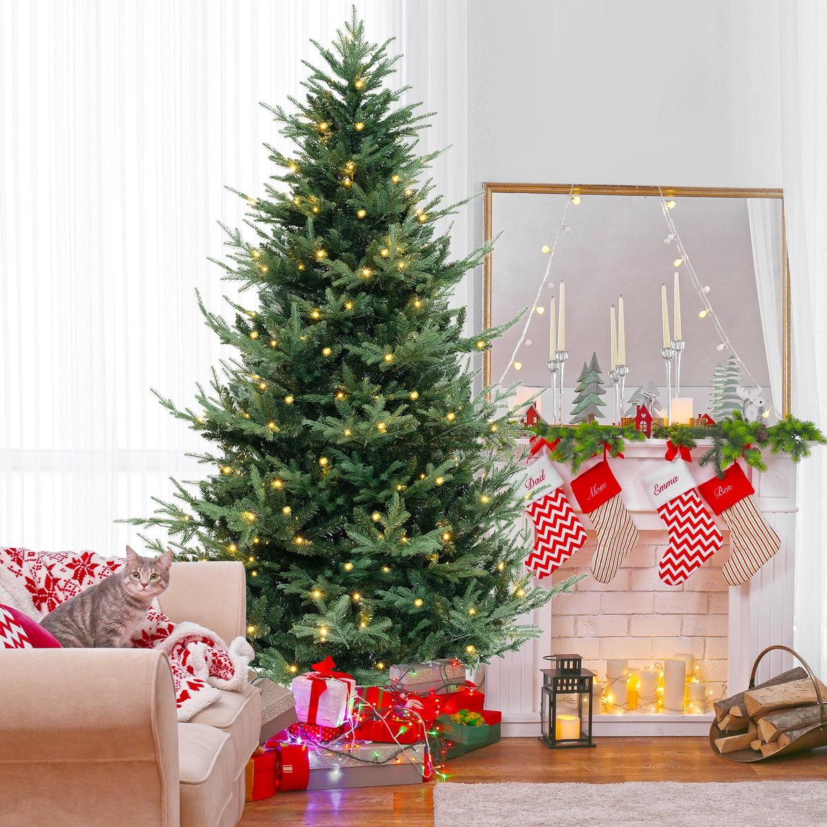 8  1480  PVC  PE  - XL 8 FT Pre-Lit Artificial Hinged Xmas Tree with 1480 PVC and PE Branch Tips-XL