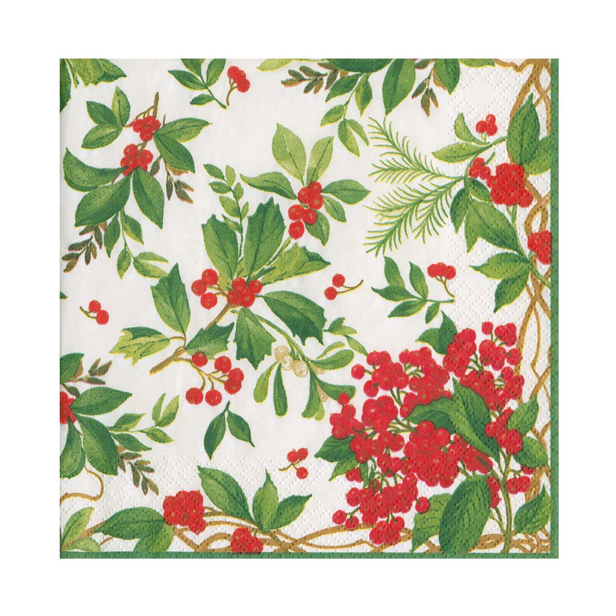 Caspari Holly Chintz White Paper Napkins - 20 Luncheon Per Pack - Default Title