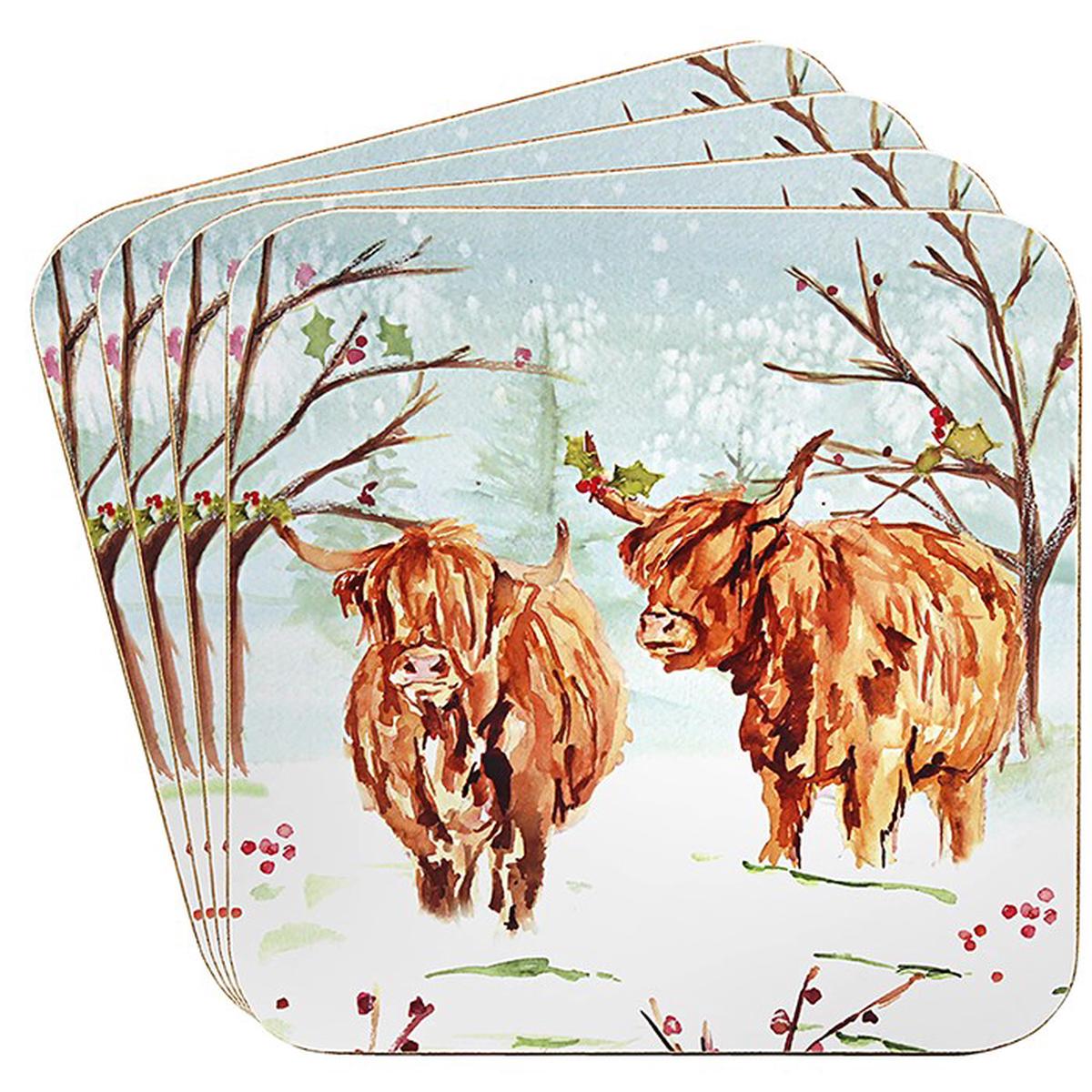 Highland Cow Jennifer Rose Christmas - Placemats and Coasters Available - Coasters (Set of 4)