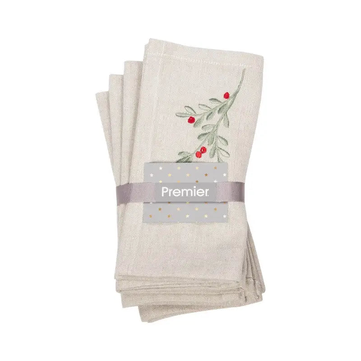 Premier Set of 4 Embroided Chambray Holly Berry Napkins - 40 x 40cm - Default Title