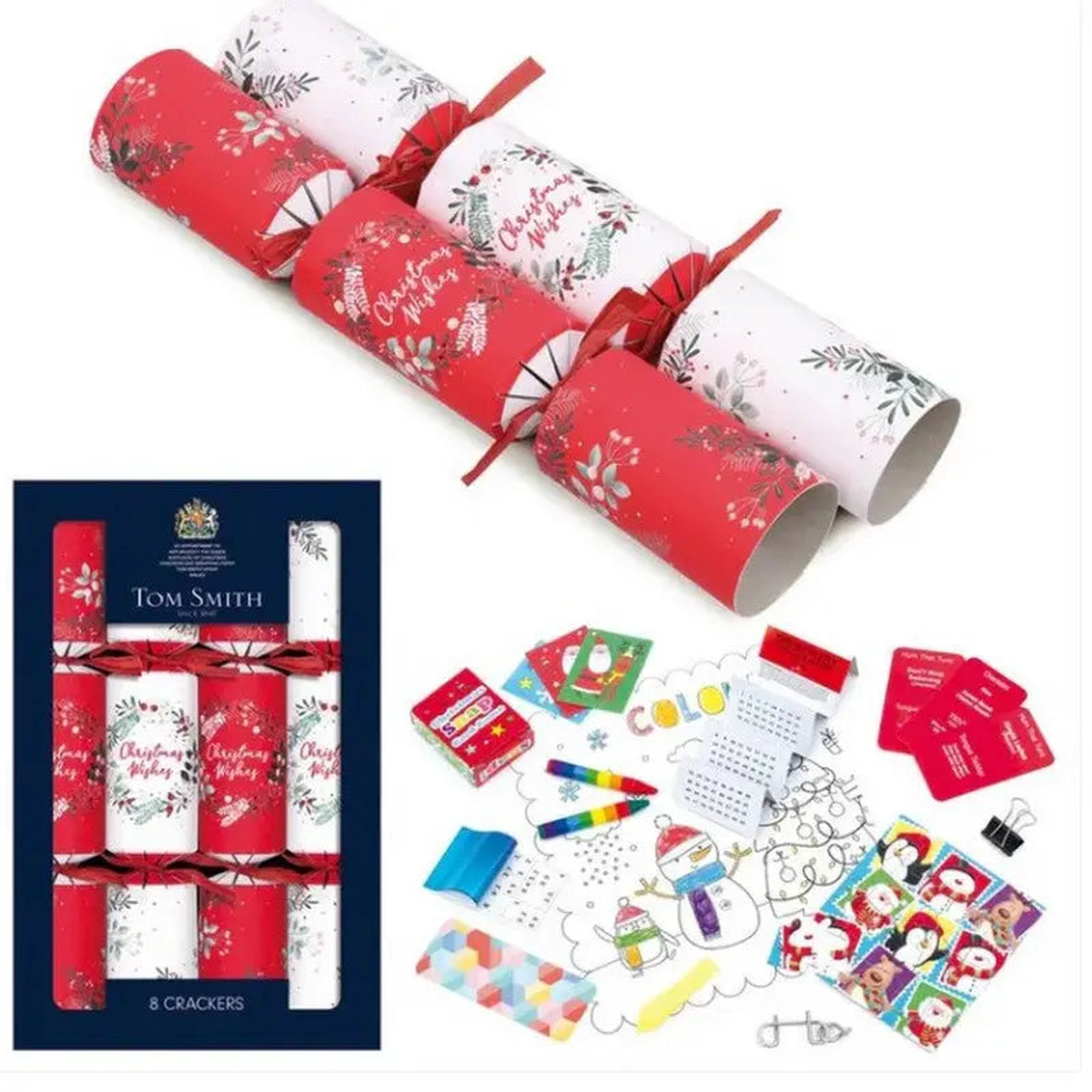 Tom Smith 8 Family Christmas Crackers 31cm / 12 Inch - 4 Colours Available - Red & White